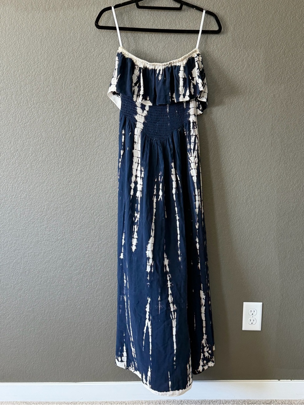 Promesa Navy and White Tie-Dye Ruffle Maxi Dress
